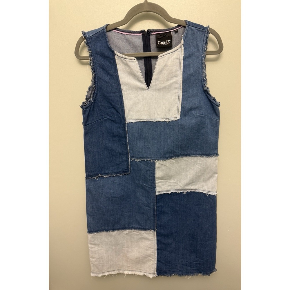 Nanette Lepore Denim Patchwork Dress Small Blue V-Neck Fringe Shift Hippie Boho